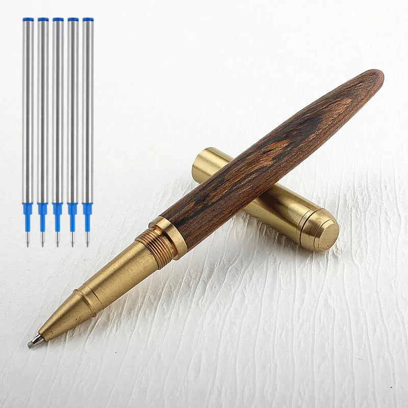 High Quality Brass Roller Ball Pen Ebony Wood Spin Stationery Office School Supplies Signature Ink Pens New
