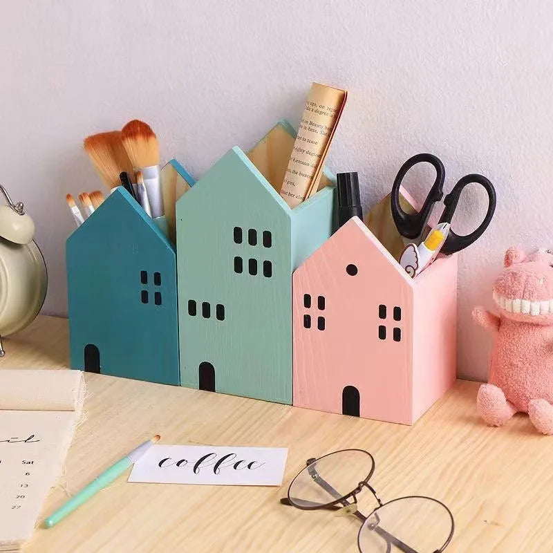 Cute Desktop Pen Holder Bookshelf Stationery Creative Wooden Pencil Brush Remote Control Storage Box
